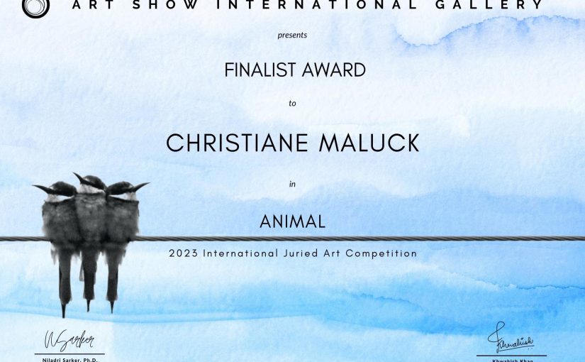 Christiane Maluck gewinnt auch in der Kategorie: „6. Animal der ART International Show Gallery Los Angeles“ den International jurierten Kunstwettbewerb JANUAR – FEBRUAR 2023 und ist damit das vierte Mal in Folge mit ihrer vielfältigen Arbeit gewürdigt worden.